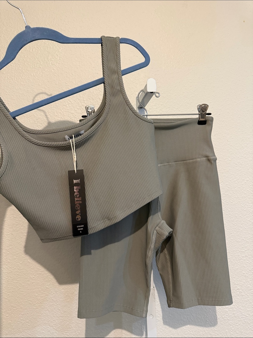 Ribbed Olive Green Active Set - Crop Tank & Biker Shorts
